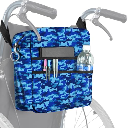 Vive Wheelchair Bag - Machine Washable, Double-Stitched, Water-Resistant Accessory Backpack for Rollators, Wheel Chairs, Walkers - Pouch with XL Pockets & Straps for Quick Installation - color: Blue Camo