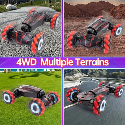 Gesture Sensing RC Stunt Car, 360° Off-Road,Gift for 5-13 Kids | Dual gesture & remote control, 4WD 360° rotating drift RC car with cool lights & music, ideal birthday gift for 5-13 boys - color: L-red