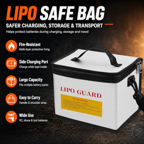 LiPo Safe Bag Fireproof Explosionproof Battery Storage & Charge Safe Pouch | Fire Resistant Large Capacity Battery Guard Bag with Side Charging Port, Double Zipper, Reinforced Handle & Shoulder Strap - color: White