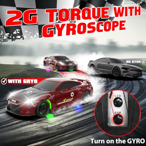 1/43 RC Drift Car, Mini Drifting RC Car with Gyro 2.4GHz Full Proportional Drift Cars 4WD RTR Remote Control Cars with Colorful Lights High Speed Fast Racing Vehicle Gift for Kids Boys Adults - color: Red+bk