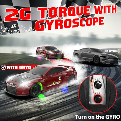1/43 RC Drift Car, Mini Drifting RC Car with Gyro 2.4GHz Full Proportional Drift Cars 4WD RTR Remote Control Cars with Colorful Lights High Speed Fast Racing Vehicle Gift for Kids Boys Adults - color: Red+bk