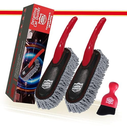 Car Interior Detailing Kit - 2 Red Dusters, Brush | Electrostatic sweep for dash. Cleans vents & narrow gaps scratch-free. Perfect auto care gift box for vehicles. - color: Red