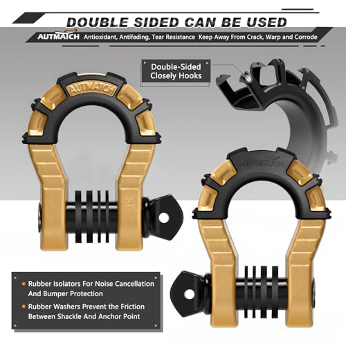 AUTMATCH D Ring Shackles 3/4" Mega Shackle (2 Pack) 68,000Ibs Break Strength - Heavy Duty Clevis Shackles with 7/8" Screw Pin and Isolator Washer for Tow Strap Winch Off Road Vehicle Recovery, Gold - color: Gold & Black