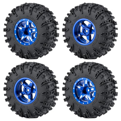 4PCS 1.3" Beadlock Wheel Tires Set Aluminum 1.3inch 5-Spoke Beadlock Wheel Hub Wheel Rim 7mm Hex ＆ 70mm/2.76inch Rubber Crawler Tires for 1/18 1/24 RC Crawler Car SCX24 TRX4M (Blue) - color: Blue