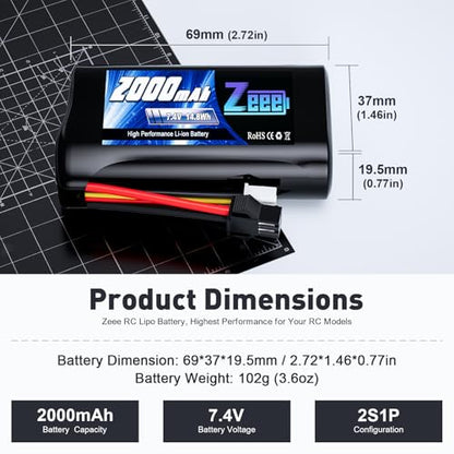 Zeee 2S Li-ion Battery 2000mAh 7.4V Battery SM 2P Connector (2 Pack) | with 7.4V Battery Charger Compatible with MN D90/91, MN 99/99s RC Cars, H101 H103 H105 RC Boat RC Truck