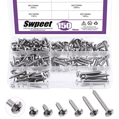 Swpeet 150Pcs #10 x 1/2" to 1-3/5" 304 Stainless Steel Phillips Truss Head Self Tapping Screws Phillips Cross Drive Wood Screws Sheet Metal Screws Assortment Kit for Sheet Metal, Wood, PVC Plastic - size: M5
