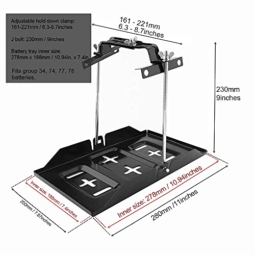 THEPRO Battery Hold Down Tray Kit, Corrosion-Resistant Steel Storage Battery Holder Adjustable Bracket Clamp for Car, Boat, Marine (9'' Bolt with 11'' Battery Tray) - size: 9'' Bolt with 11'' Battery Tray