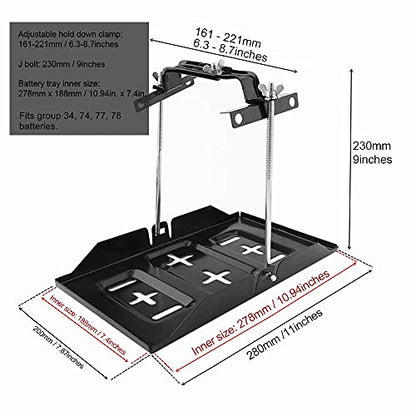 THEPRO Battery Hold Down Tray Kit, Corrosion-Resistant Steel Storage Battery Holder Adjustable Bracket Clamp for Car, Boat, Marine (9'' Bolt with 11'' Battery Tray) - size: 9'' Bolt with 11'' Battery Tray