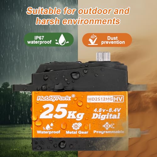 HobbyPark Waterproof 25kg Servo All Metal Gears Digital Steering Servo for 1/10 1/12 RC Car Crawler Truck Buggy Airplane Boat Robotics Project Arduino, Control Angle 180° HV Programmable