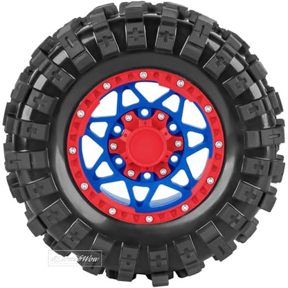 1/10 Scale RC Truck Tires,Wheels and Tires w/12/14/17MM Hex for Rustler Stampede Hoss, Granite Vorteks Big Rock 3S,1/10 Off Road Tires Rubber Truck Tyres w/Foam Insert,Navy Blue w/Red - color: Navy Blue W/Red(4pcs)