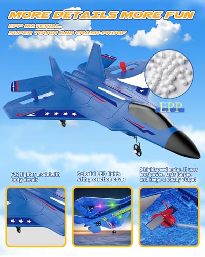 ANTSIR F22 RC Airplane for Kids Boys Adults Beginners Easy to Fly Gift | Gyro Stabilizer, LED Lights, 2.4GHz 2 Channel, 2 Batteries EPP Foam RC Glider, 2.4GHz Remote Control Fighter Jet - color: Blue F22-2 Batteries Kf