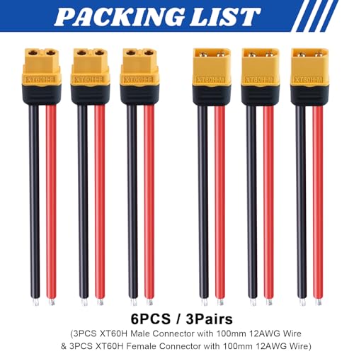 3 Pairs XT-60 XT60H Connector Plug Cable Male Female Connector Pigtail with 10cm 12AWG Silicone Wire Cable for RC Lipo Battery FPV Drone Car Boat - size: XT60H-10cm 12AWG