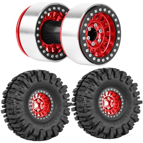 Aluminium RC 1.9" Beadlock Wheels Tires for 1/10 SCX10 90046 AXI03007 TRX4 TRX6 VS4-10 Gen7 Gen8 MST CFX D90 RC Crawler Car,Alloy 1.9 Rims Tires,Red - color: Red- (Rc 1.9" Tires)