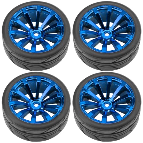 ShareGoo OD 2.55" Rubber Tires w/Plastic Wheel Rims 12mm Hex Compatible with HSP Tamiya Kyosho Traxxas Sakura WLtoys 1/10 RC On Road Racing Touring Car (Blue) - color: Blue