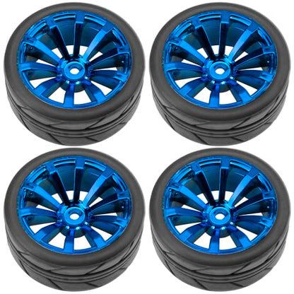 ShareGoo OD 2.55" Rubber Tires w/Plastic Wheel Rims 12mm Hex Compatible with HSP Tamiya Kyosho Traxxas Sakura WLtoys 1/10 RC On Road Racing Touring Car (Blue) - color: Blue