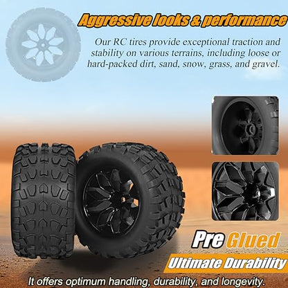 12mm Hex RC Wheels and Tires 1/10 Scale 2.8 RC Truck Tires and Wheels for Traxxas Rustler Stampede Hoss E-Revo 2wd 4x4 vxl Tires and Wheels Redcat Riaario Amoril Tires Wheels Preglued 4PCS