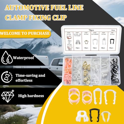 70PCS Car Fuel Line Retainer Clips, 3/8" & 5/16" Nylon Vehicle Fuel Hose Retaining Repair Clip Kit, 7 Sizes Auto Line Retainer Connector Clamp Assortment Kit, Fits Most Vehicles
