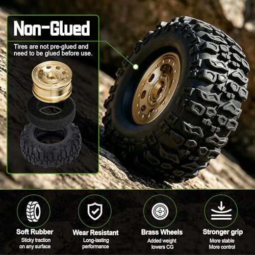 HobbyPark Brass Wheels and Tires for 1/30 Axial SCX30 Upgrades RC Crawler Parts 33x14mm 0.7" Tire with Foam Inserts, Set of 4 (Gold-8 Holes Rims) - color: Gold-8 Holes Rims