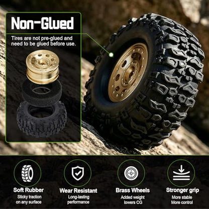 HobbyPark Brass Wheels and Tires for 1/30 Axial SCX30 Upgrades RC Crawler Parts 33x14mm 0.7" Tire with Foam Inserts, Set of 4 (Gold-8 Holes Rims) - color: Gold-8 Holes Rims