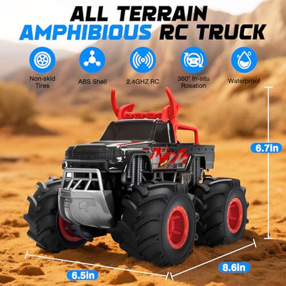 Remote Control Car for Kids, Waterproof RC Monster Truck with Gesture Band | All Terrain Waterproof RC Car Drives on Land and Water with 4WD, LED Lights, Spray, 360° Stunts, Tracks and 50+ Min Play - color: Red