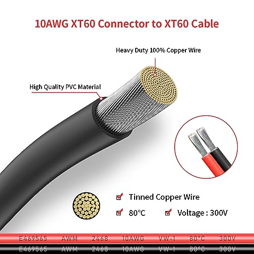 ELFCULB 10AWG 6FT XT60 Extension Cable 2 6 10 20 35 50 75 100FT XT60 Female to Male Connector for RC Battery Portable Power Station Solar Panel(6FT) | XT60 connector cable with stranded tinned copper wire for battery charging, power distribution, and equi