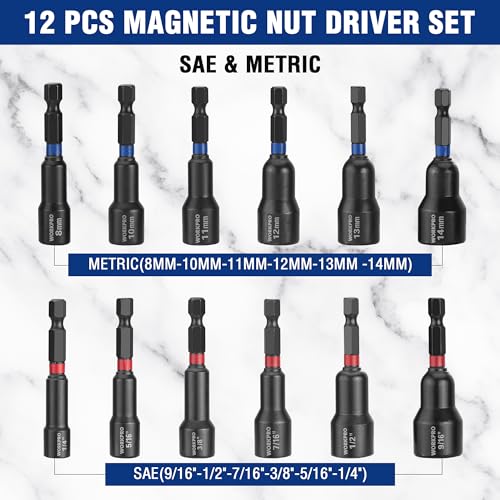 WORKPRO 12 PCS Magnetic Nut Driver Set, Premium Impact Power Hex Nut Driver | Drill Bit Master Kit, SAE (1/4" to 9/16") and Metric (6-14mm), 1/4" Hex Shank and Quick-Change, Cr-V Steel - size: 12PCS Magnetic Nut Driver Set