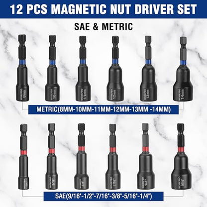 WORKPRO 12 PCS Magnetic Nut Driver Set, Premium Impact Power Hex Nut Driver | Drill Bit Master Kit, SAE (1/4" to 9/16") and Metric (6-14mm), 1/4" Hex Shank and Quick-Change, Cr-V Steel - size: 12PCS Magnetic Nut Driver Set