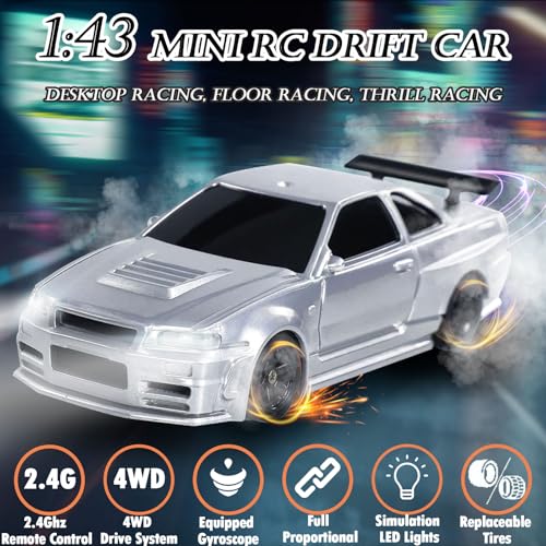 1/43 Mini RC Drift Car with Gyroscope, 2.4GHz 4WD Full Proportional High Speed Micro Hobby RC Cars with Lights Racing Tires, Fast Small Remote Control Car, Toy Model Gift for Adults Kids Boys Girls - color: Silver-g