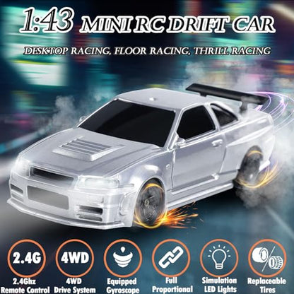 1/43 Mini RC Drift Car with Gyroscope, 2.4GHz 4WD Full Proportional High Speed Micro Hobby RC Cars with Lights Racing Tires, Fast Small Remote Control Car, Toy Model Gift for Adults Kids Boys Girls - color: Silver-g