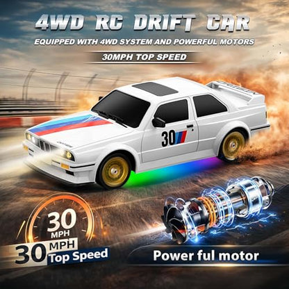 RC Drift Car 2.4GHz 1:16 Scale 4WD 30KM/H High Speed Remote Control Cars Vehicle with LED Lights Drifting Tires Racing Sport Toy Cars for Adults Boys Girls Kids Gift - color: White