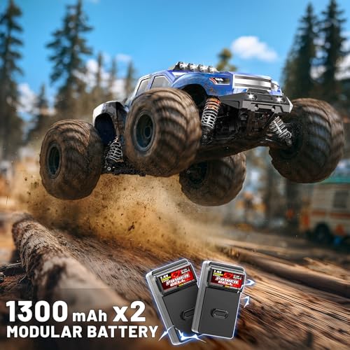 RC Cars 1:14 All Terrain Off-Road RC Truck, 4WD Fast Remote Control Car 40 KM/H, 4X4 Waterproof Monster Truck with 2×1300mAh Batteries, Metal Shocks, 6 LED Headlights, RTR RC Vehicle