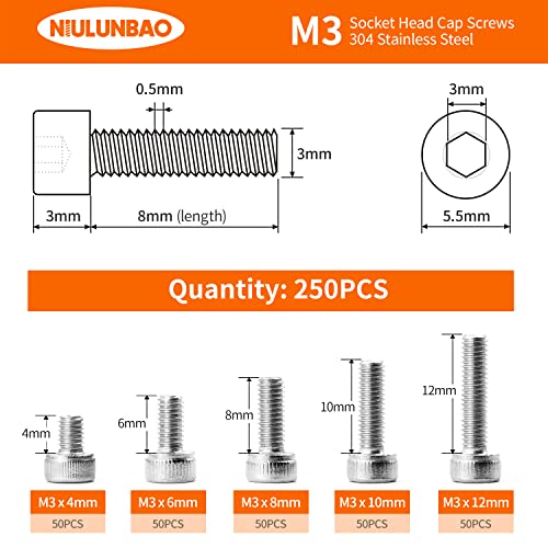 M3 x 4mm 6mm 8mm 10mm 12mm Hex Socket Head Cap Screws Bolts, 304 Stainless Steel, Metric Machine Fully Threaded, Bright Finish, Allen Hex Drive, Assortment Kit 250PCS - size: M3 x 4/6/8/10/12mm (250PCS)