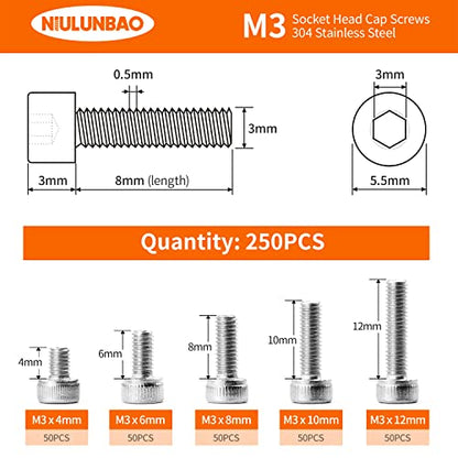 M3 x 4mm 6mm 8mm 10mm 12mm Hex Socket Head Cap Screws Bolts, 304 Stainless Steel, Metric Machine Fully Threaded, Bright Finish, Allen Hex Drive, Assortment Kit 250PCS - size: M3 x 4/6/8/10/12mm (250PCS)