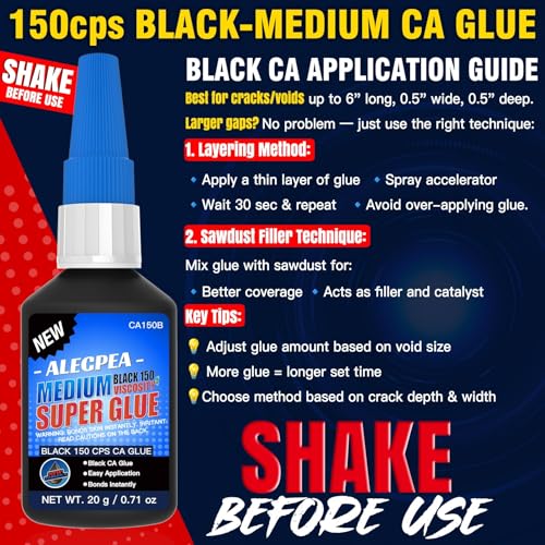 Black CA Glue 20g 150CPS Medium Super Glue for Wood & Leather | Cyanoacrylate adhesive for glass, metal, ceramic, rubber, jewelry, woodworking, hobby models and DIY crafts, Medium 150 CPS