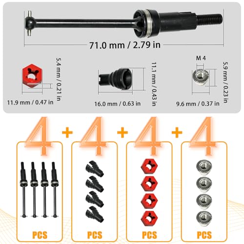 Hardened Steel CVD Drive Shafts Set with Adapters, Nuts, Center Drive Cups, Front Rear Dogbone Driveshaft Axles Upgrades Part for 1/16 Mojave Grom ARA2304, ARA2304S, ARA2104 (Black,Red) - color: Black-red