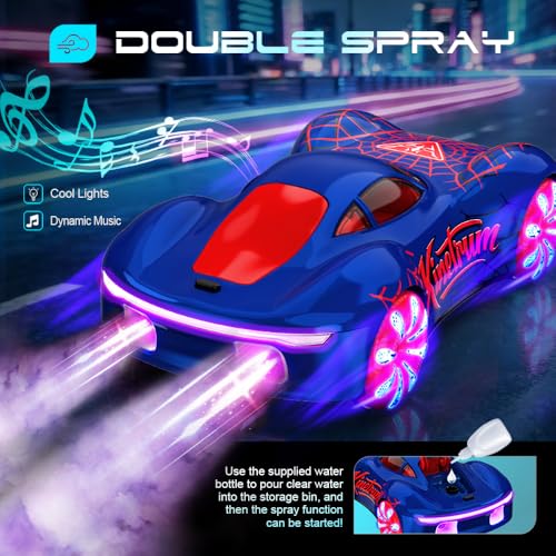 Remote Control Car, 2.4Ghz Spider-Themed 360° Spin, Sideways Movement, Dual Spray, Auto Demo, Adjustable Volume & LED Lights RC Cars for Boys Age 8-12 Gift for Girls Kids Birthday Christmas - color: Blue