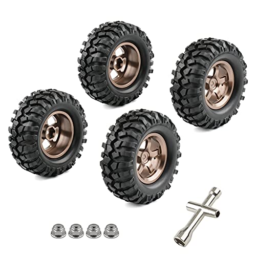 1.9 Tires and Wheels 12mm Hex for Traxxas Stampede | 1/10 RC Crawler Tires, 96mm OD, Aluminum Lock Nuts, Wrench - color: Titanium Gold