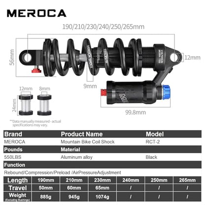 MEROCA Adjustable Air Spring Coil Over Shock Absorber for Mountain Bikes, 190-265mm, 550LBS Spring, Rebound, Compression, Preload, and Air Pressure (200-300 PSI) Fits MTB/Downhill/eBikes - size: 190mm*550lbs