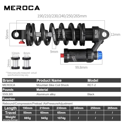 MEROCA Adjustable Air Spring Coil Over Shock Absorber for Mountain Bikes, 190-265mm, 550LBS Spring, Rebound, Compression, Preload, and Air Pressure (200-300 PSI) Fits MTB/Downhill/eBikes - size: 210mm*550lbs