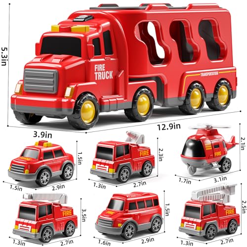 JUKUDAHU 7-in-1 Fire Trucks for Kids - Transport Truck for Boys | Sound and Light, Kids Toys for Ages 4-6, Birthday Gifts for Boys Girls Ages 5-7 4-8 Year Old - style: 7 IN 1 Fire Truck