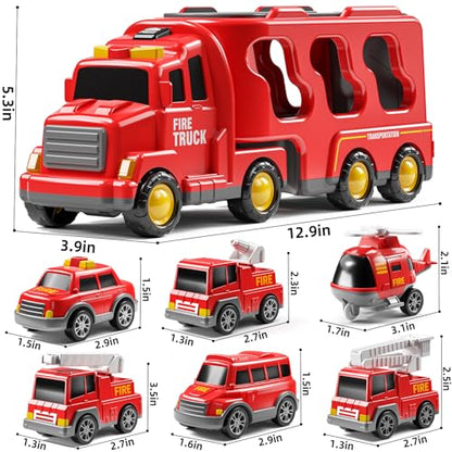 JUKUDAHU 7-in-1 Fire Trucks for Kids - Transport Truck for Boys | Sound and Light, Kids Toys for Ages 4-6, Birthday Gifts for Boys Girls Ages 5-7 4-8 Year Old - style: 7 IN 1 Fire Truck