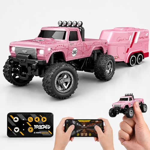 1:64 Scale Mini Remote Control Monster Truck with Trailer | 2.4GHz & App Dual Control, Alloy Mini RC Car with LED Lights, Portable Pocket Toy Car for Kids & Adults, Gift for Boys (Pink) - color: Pink