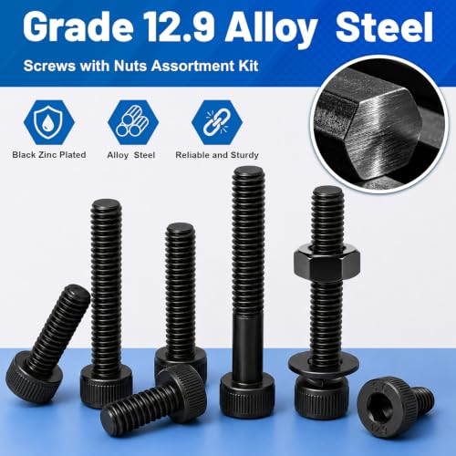 680Pcs M4 Screw Hex Socket Head Cap Bolt Kit 6-30mm 12.9 Alloy Steel | Black Zinc-Plated Metric Allen Bolts Nuts Flat Spring Washers Allen Wrench Assorted Hardware for DIY, 3D Printing Furniture - size: G12.9 M4 680PCS