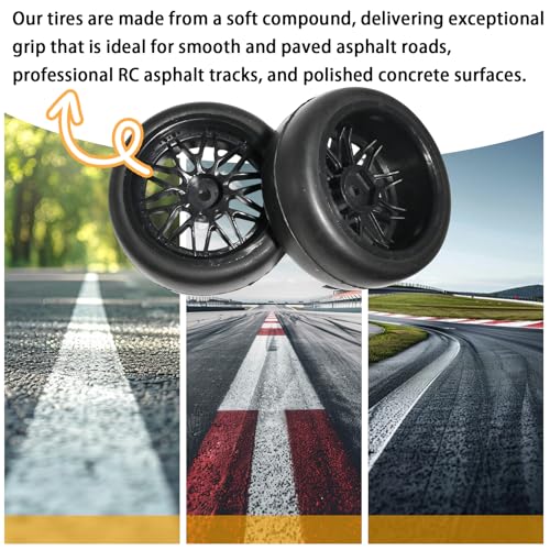 OD 2.55" On Road Rubber Tires Nylon Wheels- 12mm Hex for 1/10 RC Racing Car | Compatible with MJX HSP Tamiya HPI Kyosho Traxxas Sakura Redcat WLtoys 1/10 RC On-Road Racing Touring Car (4pcs, Black) - style: A-Black