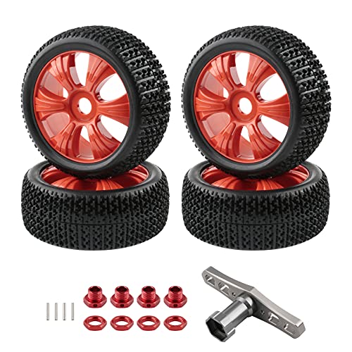 1/8 Buggy Tires and Wheels 17mm Hex with Adapters - 114mm OD Off-Road RC Tires Compatible with Arrma Typhon, Traxxas, Redcat, HSP - Includes Nuts & Wrench (Red) - color: Red 6 Spokes