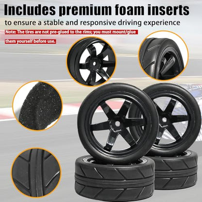 OD 2.55" On Road Rubber Tires Plastic Wheel Rims 12mm Hex for 1/10 RC Car | Compatible with MJX HSP Tamiya HPI Kyosho Traxxas Sakura Redcat WLtoys 1/10 RC On-Road Racing Touring Car (4pcs, Black) - style: F-Black