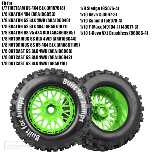 1/8 1/10 17mm Hex RC Truck Tires,Wheels and Tires for 1/10 E-Revo T-Maxx Summit,1/8 Kraton Outcast 6S,Sledge,Buggy Rubber Tyres and Rims w/Foam Insert for RC Off-Road Car,Green-Red - color: Green&red(4pcs)