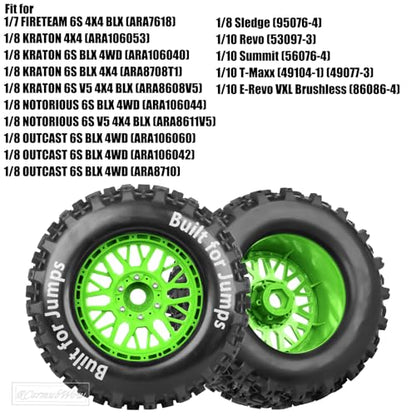1/8 1/10 17mm Hex RC Truck Tires,Wheels and Tires for 1/10 E-Revo T-Maxx Summit,1/8 Kraton Outcast 6S,Sledge,Buggy Rubber Tyres and Rims w/Foam Insert for RC Off-Road Car,Green-Red - color: Green&red(4pcs)