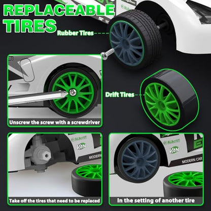Remote Control Car 2.4GHz 1:24 Scale 4WD RC Drift Car 15KM/H High Speed Drifting RC Cars with Cool Lights Extra Tires Toys for Kids Boys Girls Adults, Green - color: L.white - Green
