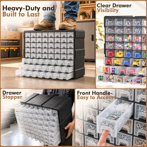 64-Drawer Organizer for Garage Building Bricks Storage,𝐓𝐡𝐢𝐜𝐤𝐞𝐫 Drawer Storage Cabinet with Dividers and Labels for Hardware,Screws,Nuts Bolts, Garage Tools,Charms,Beads,Craft,Scrapbook - size: 64 Drawer